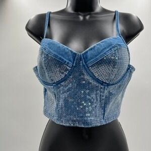 Denim Blvd Los Angeles Women Blue Sequin Denim Corset Bustier Crop Top Size M